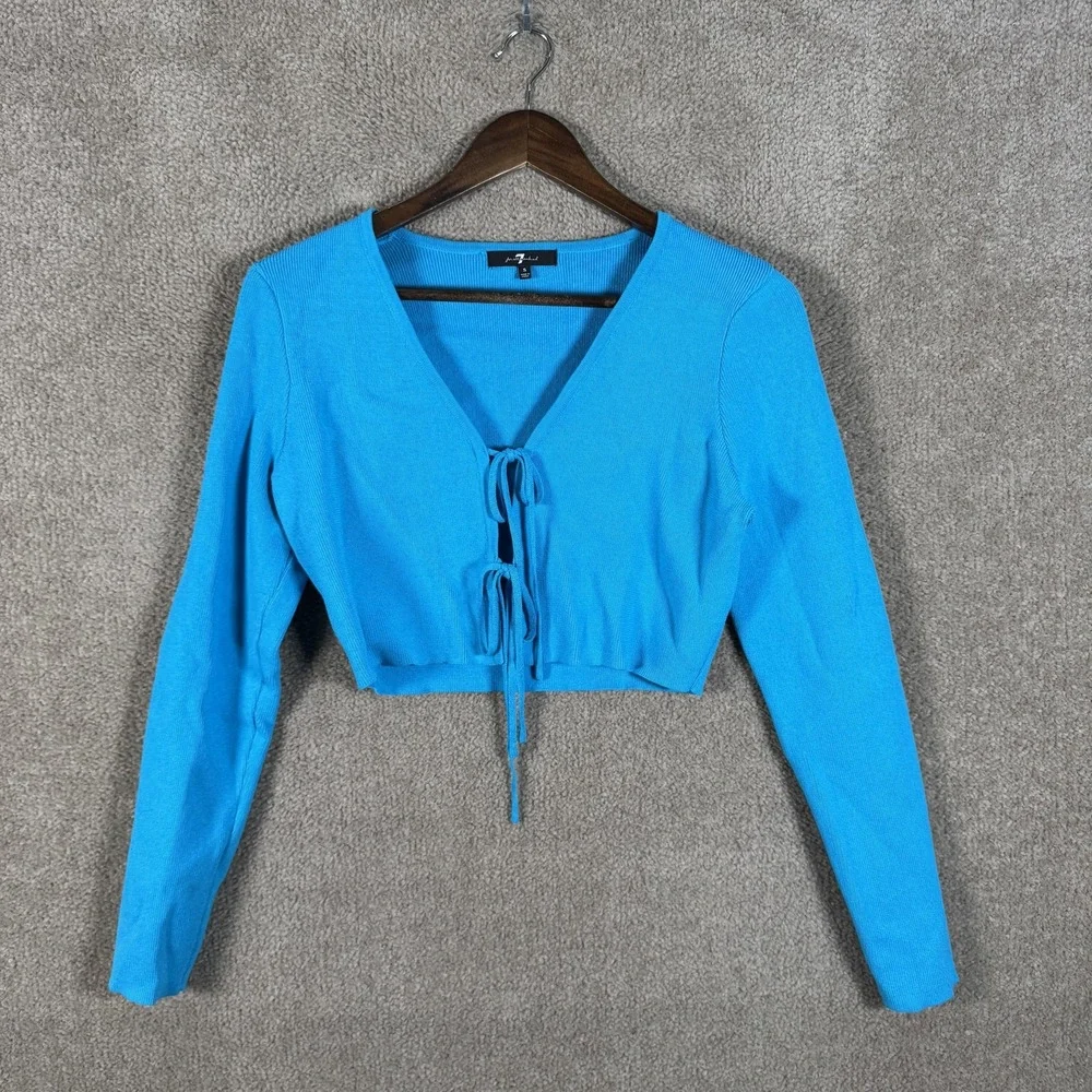 7 For All Mankind Sweater Womens Small Blue Tie‎ Front Cropped Cardigan Knit